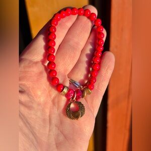 Valentines Red Dyed Howlite Bead Stretch Bracelet Winged Heart Charm